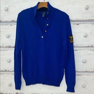 Lauren Ralph Lauren Blue Military Patch Gold Button Sweater Size M